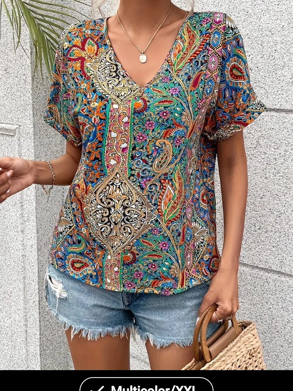 Multicolor Paisley V-Neck Short Sleeve Women's Top